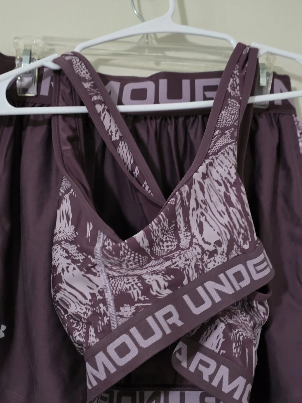 Under Armour Women's Purple Printed Sports Bra and Shorts Set